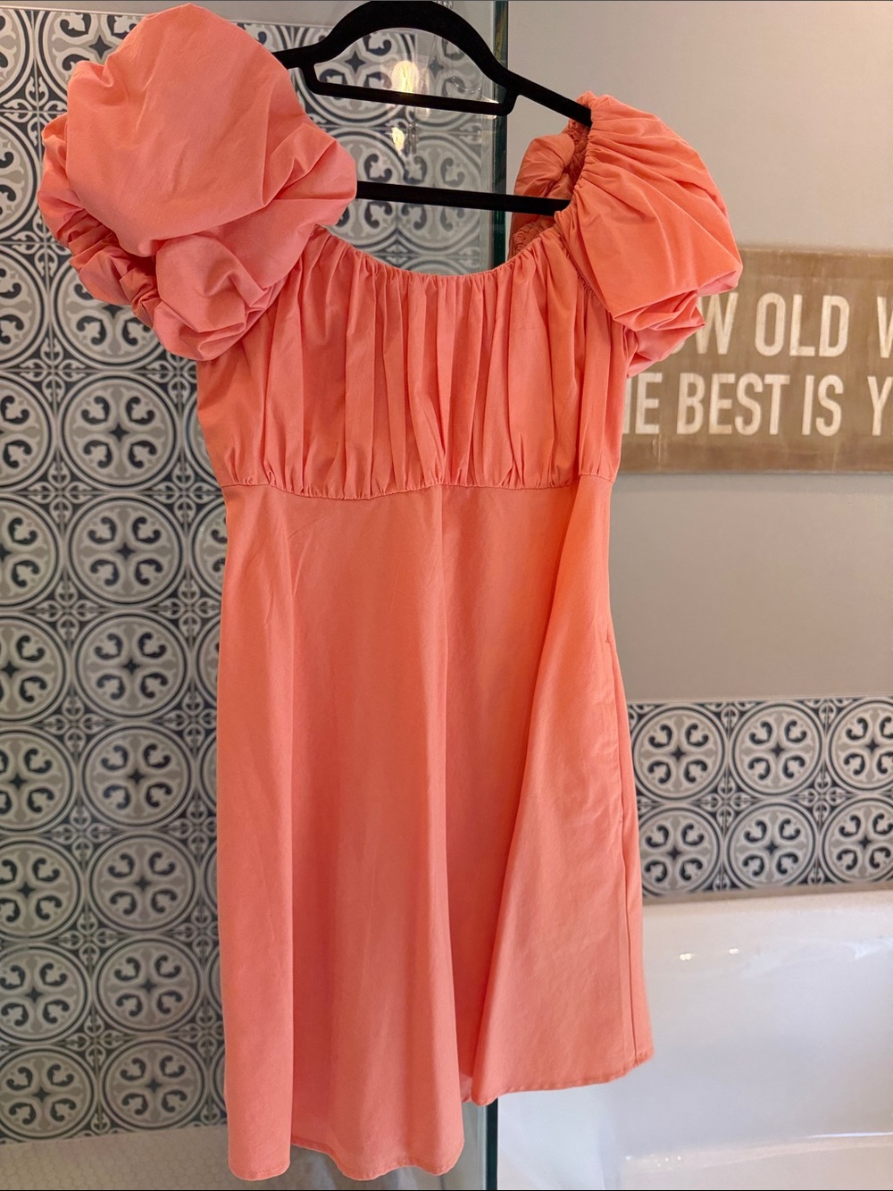 Abercrombie & Fitch Coral Puff-Sleeve Mini Dress